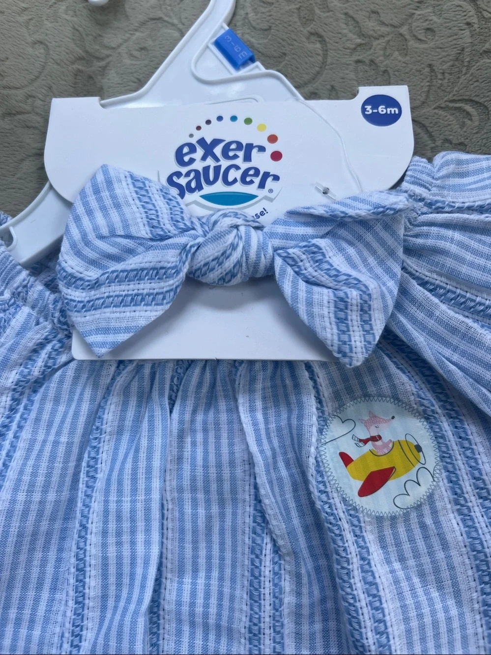 Exersaucer blue striped baby girl romper, matching bow headband 3-6 months
